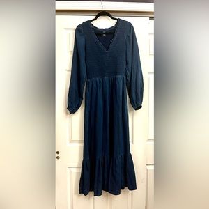 Long Sleeve Fit & Flare Smocked Dress With Pockets